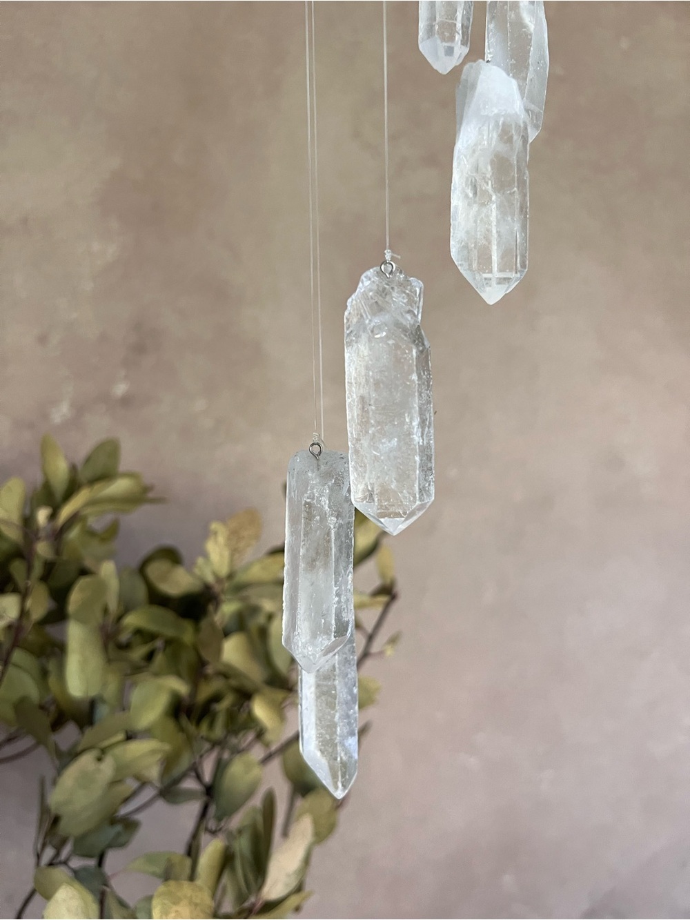 Real Crystal Quartzite Hanging Mobile Wind Chime with Natural Wood Rings - Picture 2 of 10